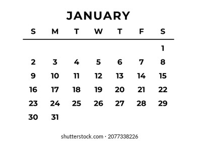 Simple editable vector calendar 2022 January . Week starts from Sunday. Vertical