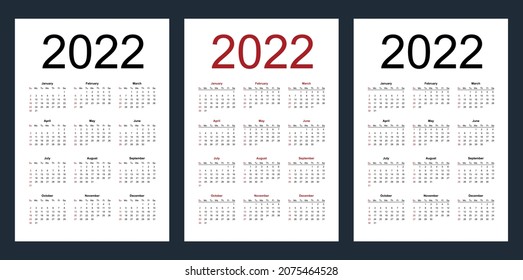 Simple editable vector calendar for year 2022. Week starts from Sunday. Vertical. Isolated vector illustration on white background.