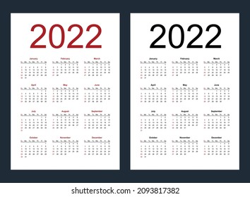 Simple editable vector calendar for year 2022. Week starts from Sunday. Vertical. Isolated vector illustration.
