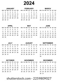 Simple editable vector calendar for year 2024 mondays first, sundays on black, easy to edit and use