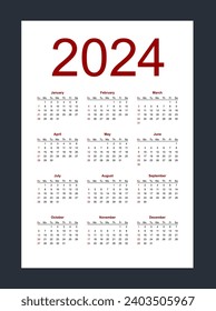 Simple editable vector calendar for year 2024. Week starts from Sunday. Vertical. Isolated vector illustration on white background.