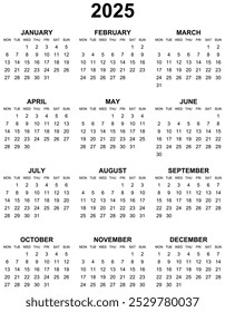 Calendario de Vector editable simple para el año 2025 lunes primero, domingos en negro, fácil de editar y usar Calendario de Vector editable simple para el año 2025 lunes primero, domingos en negro, fácil de editar y usar