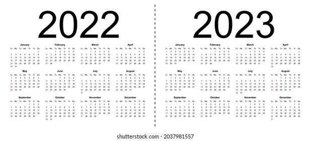 Simple editable vector calendars for year 2022 2023. Week starts from Sunday. Isolated vector illustration on white background.