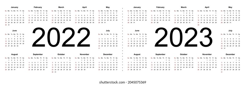 Simple editable vector calendars for year 2022 2023. Week starts from Sunday. Isolated vector illustration on white background.