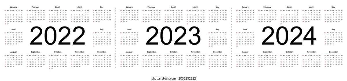 Simple editable vector calendars for year 2022 2023 2024. Week starts from Sunday. Isolated vector illustration on white background.