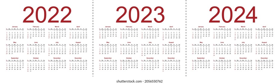 Calendarios de vectores simples modificables para el año 2022 2023 2024. La semana comienza el domingo. Ilustración vectorial aislada sobre fondo blanco.