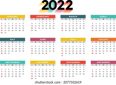 Simple editable vector calendars for year 2022. Week starts from Sunday. Vertical. Isolated vector illustration.