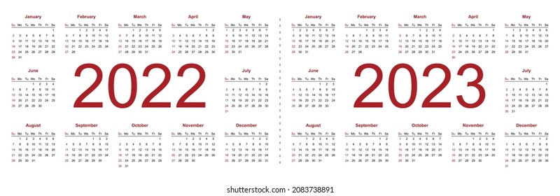 Simple editable vector calendars for year 2022 2023. Week starts from Sunday. Isolated vector illustration on white background.