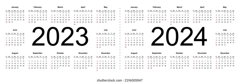 Simple editable vector calendars for year 2023 2024. Week starts from Sunday. Isolated vector illustration on white background.