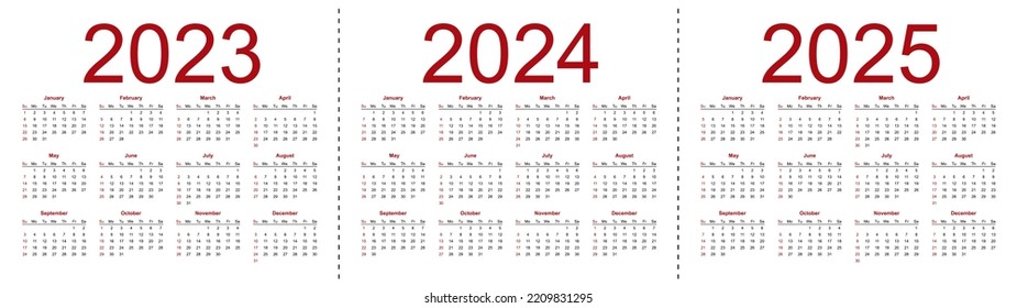 Simple editable vector calendars for year 2023 2024 2025. Week starts from Sunday. Isolated vector illustration on white background.