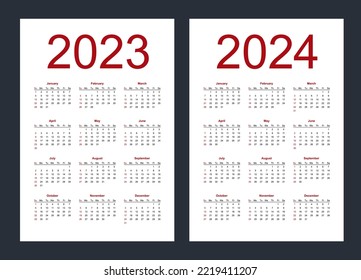 Simple editable vector calendars for year 2023, 2024. Week starts from Sunday. Vertical. Isolated vector illustration on white background.