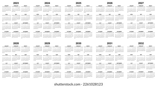 Simple editable vector calendars for year 2023, 2024, 2025, 2026, 2027, 2028. 2029, 2030, 2031, 2032 sundays in black first, easy to edit and use svg