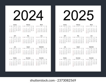 Simple editable vector calendars for year 2024, 2025. Week starts from Sunday. Vertical. Isolated vector illustration on white background.