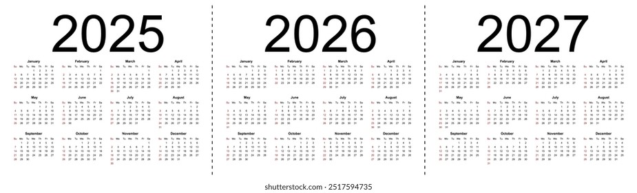 Calendários vetoriais simples editáveis para o ano de 2025, 2026, 2027. A semana começa no domingo. Ilustração vetorial isolada sobre fundo branco.