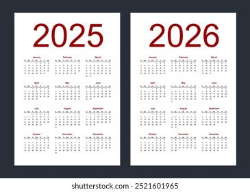 Simple editable vector calendars for year 2025, 2026. Week starts from Sunday. Vertical. Isolated vector illustration on white background.