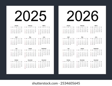 Simple editable vector calendars for year 2025, 2026. Week starts from Sunday. Vertical. Isolated vector illustration on white background.