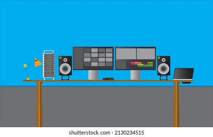 Simple editing studio with dual monitor and speakers