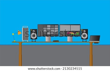 Simple editing studio with dual monitor and speakers