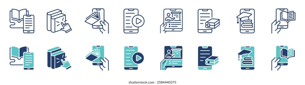 simple education course mobile learning icon line set online classroom lecture library cognition e-learning business conference signs vector illustration