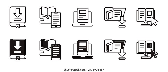 simple education online library icon line set learning school book download arrow digital e-book online course signs vector outline illustration for web and app