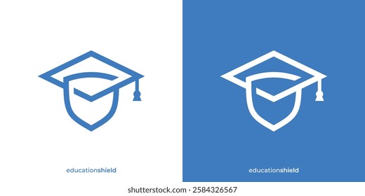 Simple Education Shield Logo. Graduation Cap and Shield Graphic Icons. Study Guard Logo Design Template.