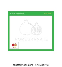 Simple educational draw and coloring game for kids. Illustration of Pomegranate fruit.