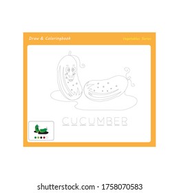Simple educational draw and coloring game for kids. Illustration of funny Cucumber. 