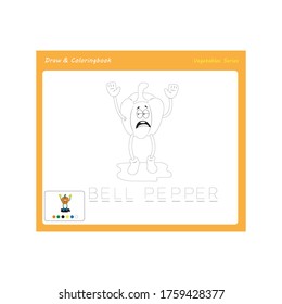 Sencillo dibujo educativo y juego de colorear para los niños. Ilustración de la graciosa Bell Pepper. 