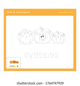 Simple educational draw and coloring game for kids. Illustration of funny Pumpkins. 