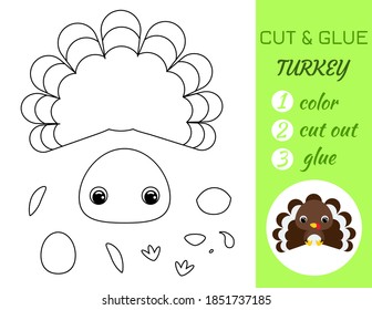 Sencillo juego educativo colorear página de corte y pegarse bebé pavo para niños. Juego de papel educativo para niños en edad preescolar. Color, partes cortadas y pegamento en papel. Ilustración de material vectorial.