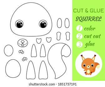 Simple educational game coloring page cut and glue sitting baby squirrel for kids. Educational paper game for preschool children. Color, cut parts and glue on paper. Vector stock illustration.