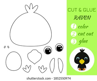Simple educational game coloring page cut and glue sitting baby raven for kids. Educational paper game for preschool children. Color, cut parts and glue on paper. Vector stock illustration.