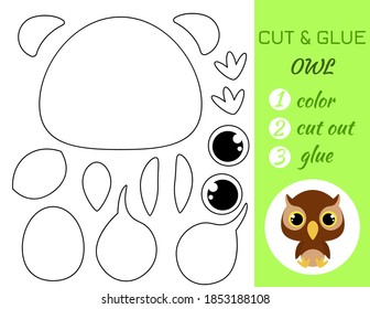 Einfache Bildungs-Spiel Färbung Seite schneiden und Kleber sitzend Babyeule für Kinder. Pädagogisches Papierspiel für Vorschulkinder. Farbe, Schnitt und Leim auf Papier. Vektorgrafik.