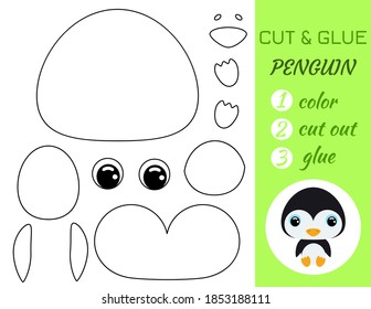 Simple educational game coloring page cut and glue sitting baby penguin for kids. Educational paper game for preschool children. Color, cut parts and glue on paper. Vector stock illustration.