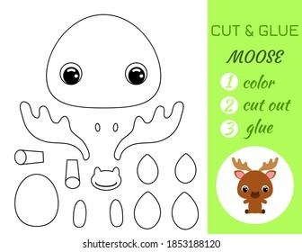 Simple educational game coloring page cut and glue sitting baby moose for kids. Educational paper game for preschool children. Color, cut parts and glue on paper. Vector stock illustration.