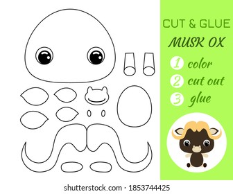 Simple educational game coloring page cut and glue sitting baby musk ox for kids. Educational paper game for preschool children. Color, cut parts and glue on paper. Vector stock illustration.