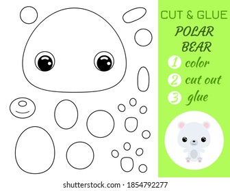 Simple educational game coloring page cut and glue sitting baby polar bear for kids. Educational paper game for preschool children. Color, cut parts and glue on paper. Vector stock illustration.