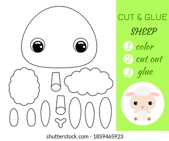 Simple educational game coloring page cut and glue sitting baby sheep for kids. Educational paper game for preschool children. Color, cut parts and glue on paper. Vector stock illustration.