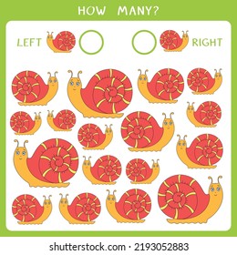 Simple juego educativo para los niños. Cuenta cuántos caracoles van a la izquierda y a la derecha y escribe el resultado. Hoja de cálculo del vector
