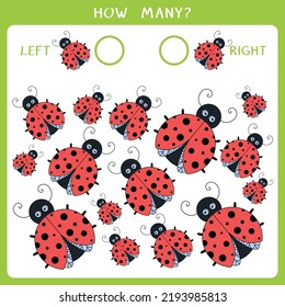 Simple educational game for kids. Count how many ladybugs goes to the left and to the right and write the result. Vector worksheet