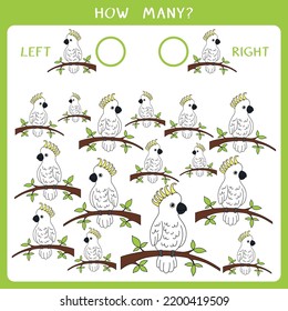 Simple educational game for kids. Count how many birds look to the left and to the right and write the result. Vector worksheet