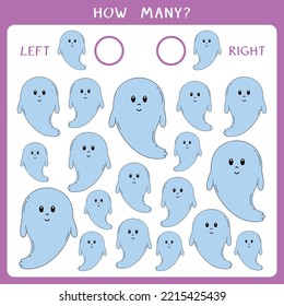 Simple educational game for kids. Count how many ghosts fly to the left and to the right and write the result. Vector worksheet
