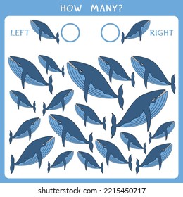 Simple educational game for kids. Count how many whales swim left and right and write the result. Vector worksheet