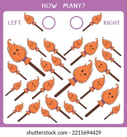 Simple juego educativo para los niños. Cuente cuántas escobas vuelan a izquierda y derecha y escriba el resultado. Hoja de cálculo del vector