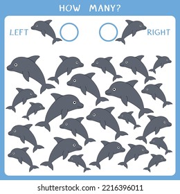 Simple juego educativo para los niños. Cuente cuántos delfines nadan a derecha e izquierda y escriba el resultado. Hoja de cálculo del vector