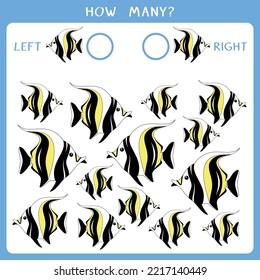 Simple educational game for kids. Count how many fishes swim left and right and write the result. Vector worksheet
