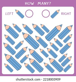 Simple educational game for kids. Count how many pencils are facing left and right and write the result. Vector worksheet