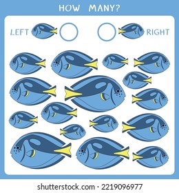 Simple juego educativo para los niños. Cuente cuántos peces nadan a derecha e izquierda y escriba el resultado. Hoja de cálculo del vector
