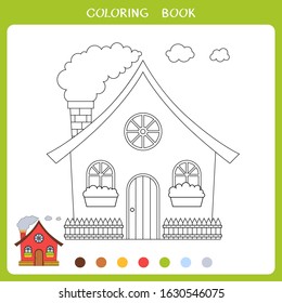 Simple educational game for kids. Vector illustration of funny house for coloring book