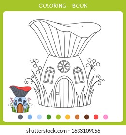 Simple educational game for kids. Vector illustration of the fairytale mushroom house for coloring book